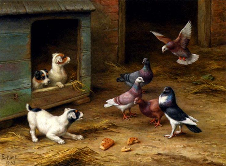 Zwierzątka domowe - Hunt_Edgar_Puppies_And_Pigeons_Playing_By_A_Kennel.jpg